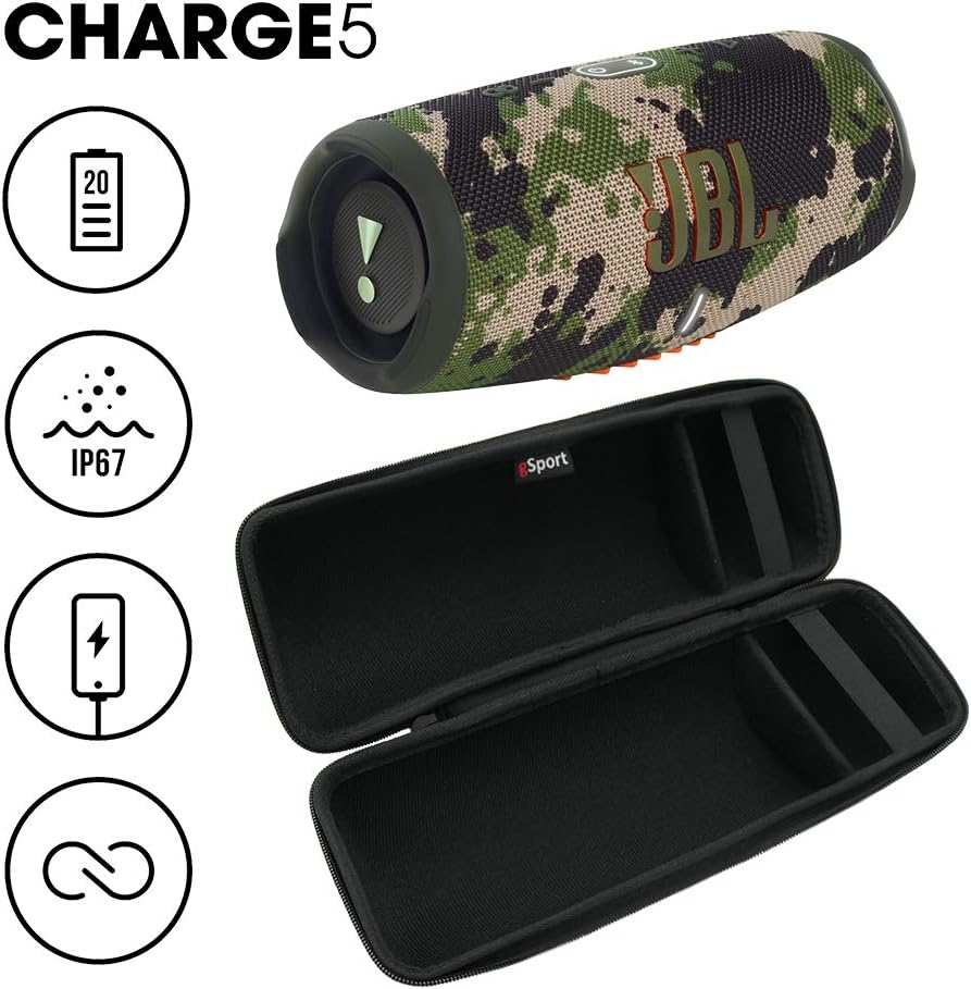 JBL Charge 5 Waterproof Portable Speaker with Built in Powerbank and gSport Carbon Fiber Case (Green Camo)