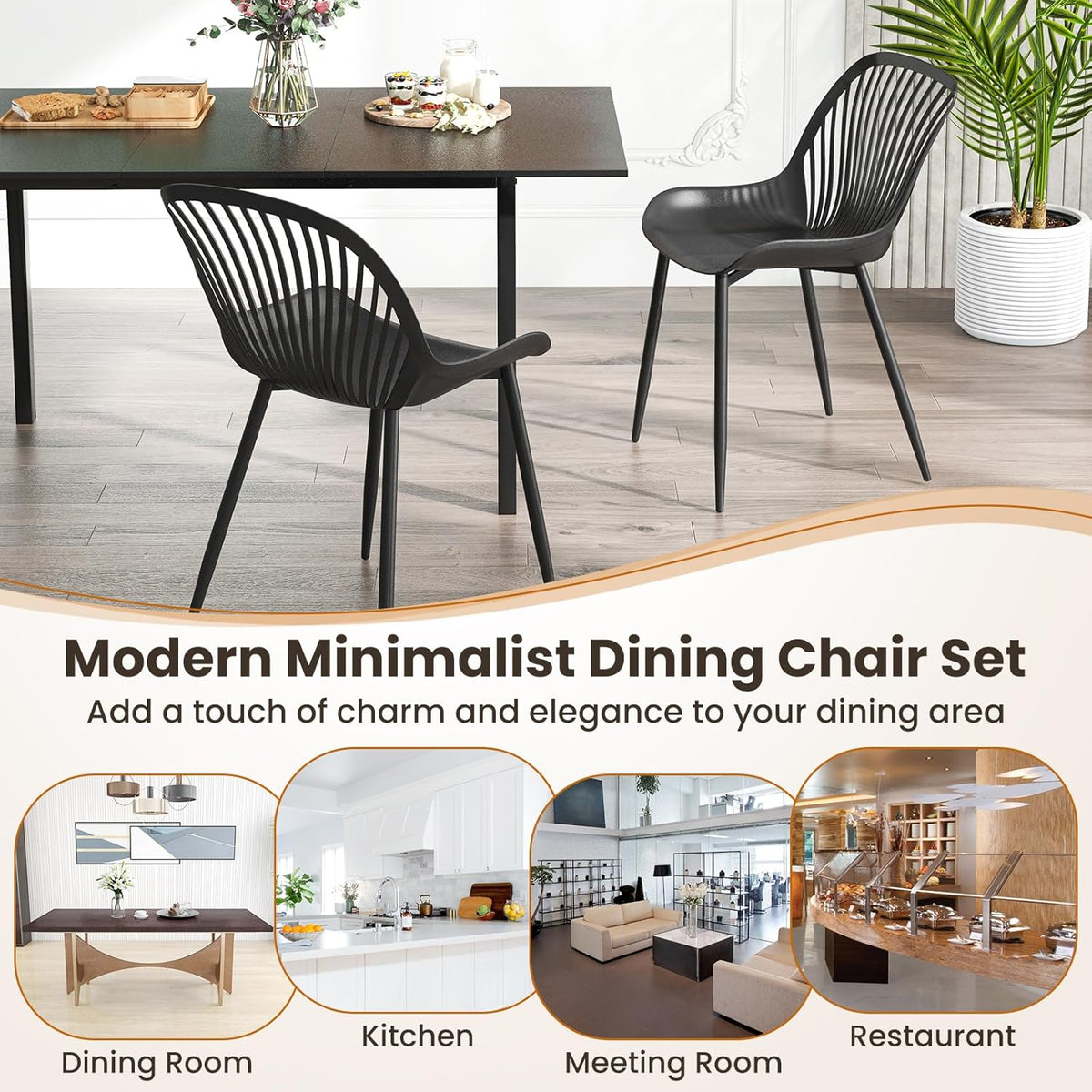 Giantex Black Dining Chairs Set of 4, Modern Kitchen Chairs w/Metal Legs, Cutout Backrest, Curved Seat, Armless Accent Chairs, Indoor Side Chairs for Living Dining Room Home, Load 330 LBS