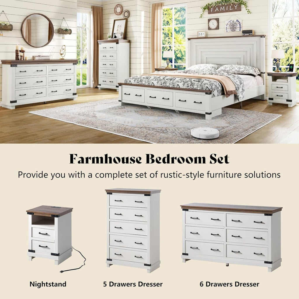 AMERLIFE Farmhouse 6 Drawer Wide Dresser for Bedroom, Large Wood Chest of Drawers with Thick Plank Top, Rustic Heavy Duty Storage Cabinet for Living Room or Hallway, Antique White