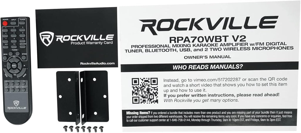 Rockville RPA70WBT V2 1000W 2-Channel USB Bluetooth Karaoke Amplifier/Mixer with (2) Wireless Mics, Optical/Coaxial/RCA Inputs, Echo Control, for Home Karaoke & Parties
