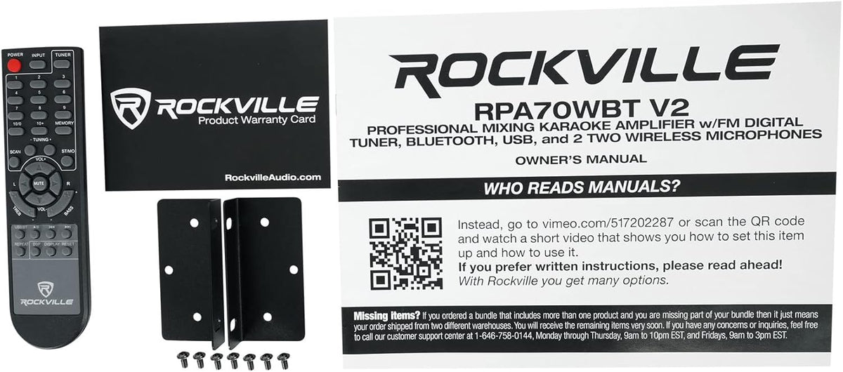 Rockville RPA70WBT V2 1000W 2-Channel USB Bluetooth Karaoke Amplifier/Mixer with (2) Wireless Mics, Optical/Coaxial/RCA Inputs, Echo Control, for Home Karaoke & Parties