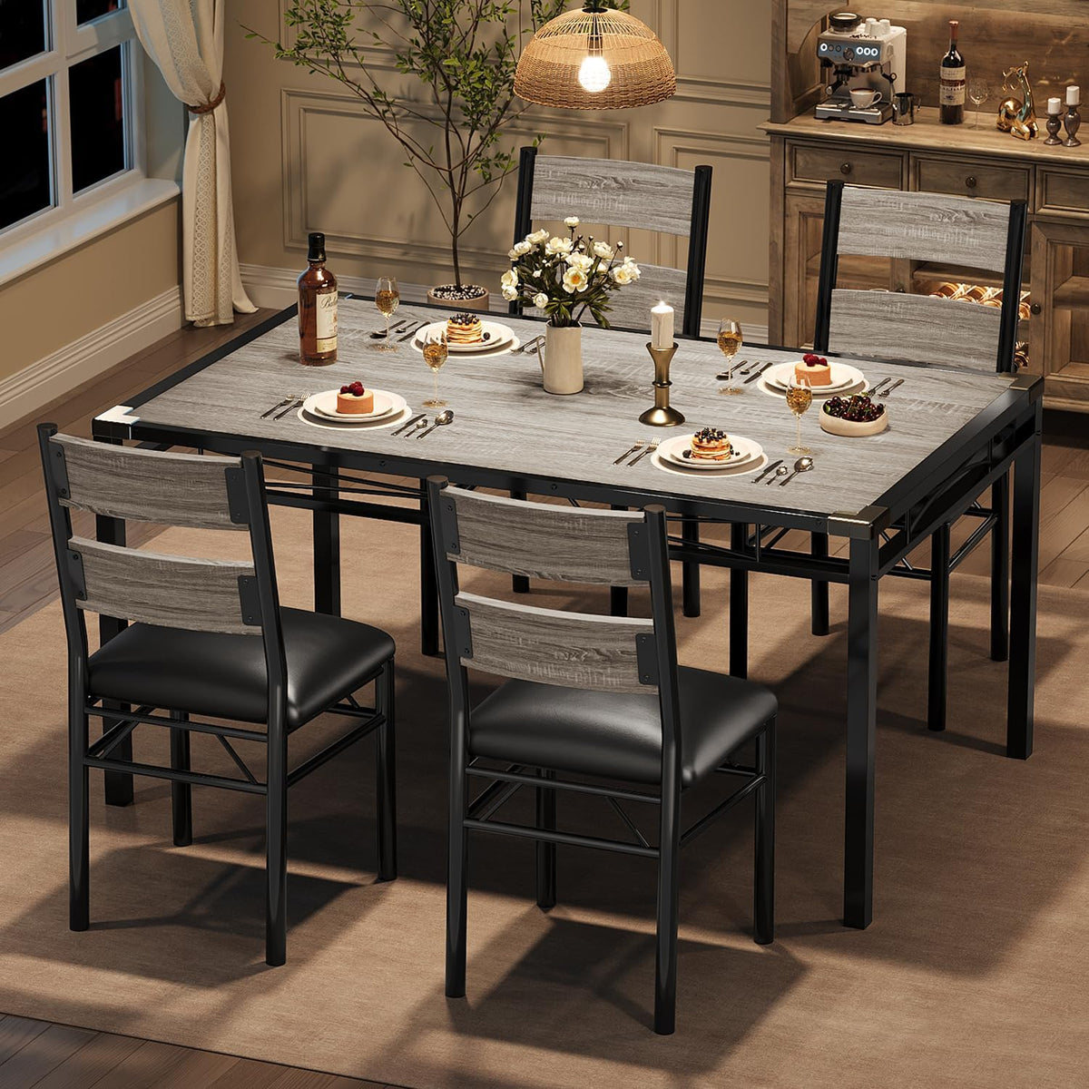 Garvee Wood Dining Table Set for 4 with Upholstered Chairs, Kitchen Table Chairs Set of 4 with Corner Protector, Dining Room Table Set for 4, for Kitchen, Apartment, Retro Gray