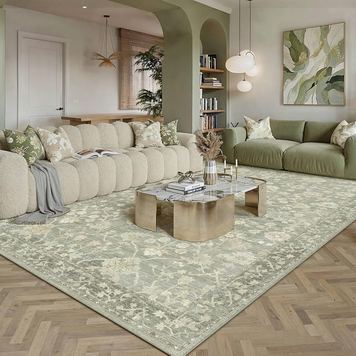 HUGEAR 8x10 Area Rugs for Living Room Washable Rug Carpet Green Neutral Bedroom Rug Non Slip Soft Low Pile Retro Distressed Stain Resistant for Home Dining Room Office Farmhouse