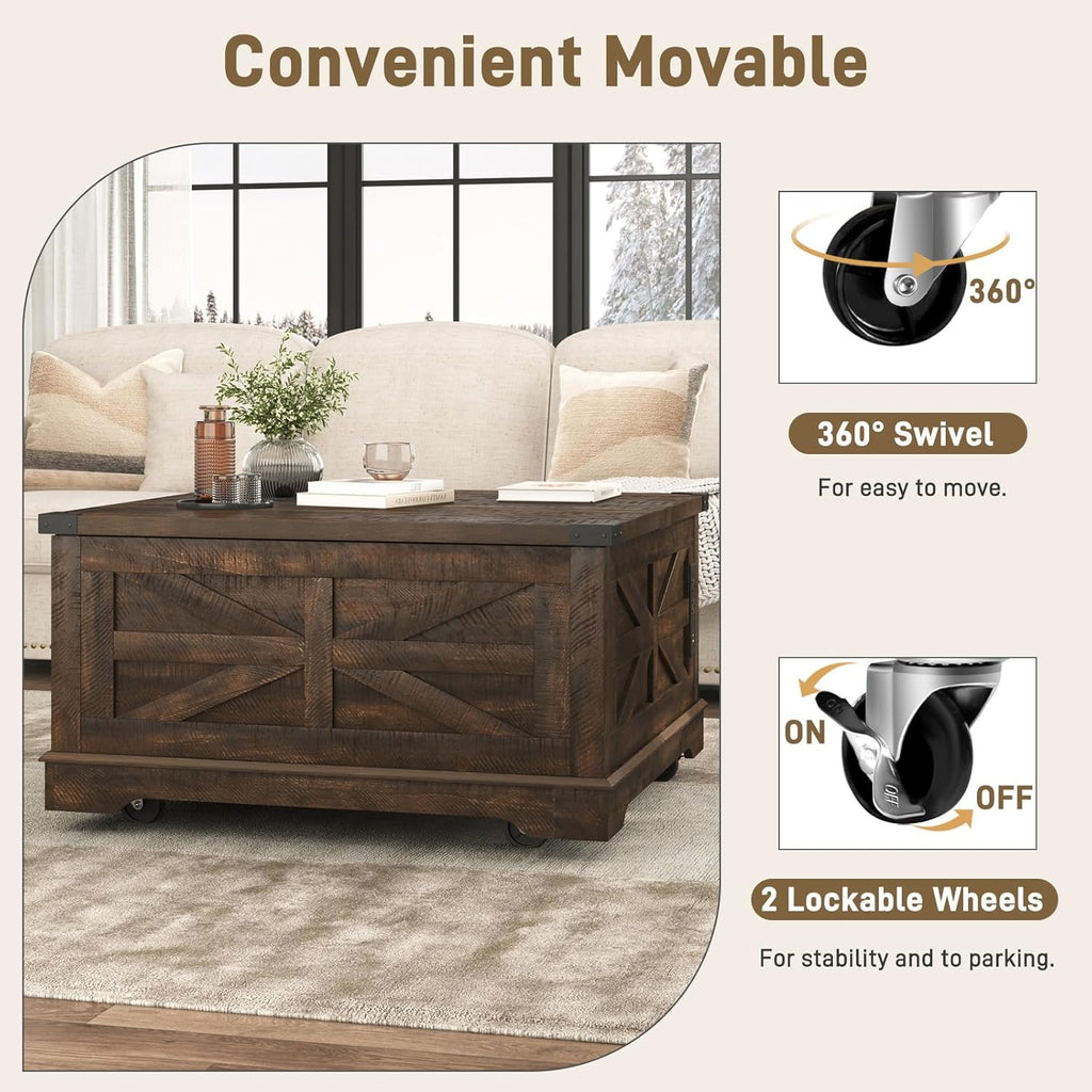 Hlivelood 36" Farmhouse Movable Lift Top Coffee Table with Storage and Power Outlets, Square Wood Living Room Tables with Wheels&Large Hidden Space, Lift Wooden Barn Door Center Table, Brown