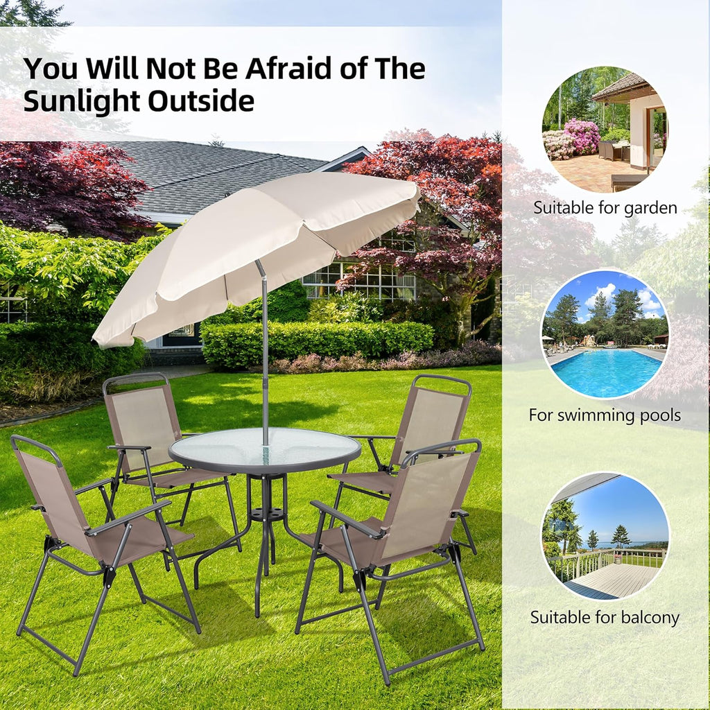 Vongrasig 6 Pieces Folding Patio Dining Set, All Weather Small Metal Outdoor Table and Chairs Set, Patio Furniture Set w/Umbrella, Glass Table & 4 Folding Chairs for Garden, Lawn, Backyard, Brown