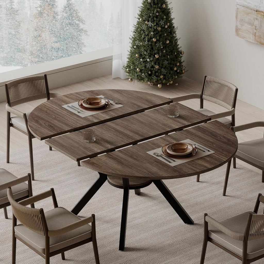 42"-58" Extendable Round Dining Table for 4-6, Kitchen Oval Table with Hidden Leaves & Storage Shelf, Space Saving Modern Design with Sturdy Metal Legs for Kitchen, Dining Room & Small Apartments