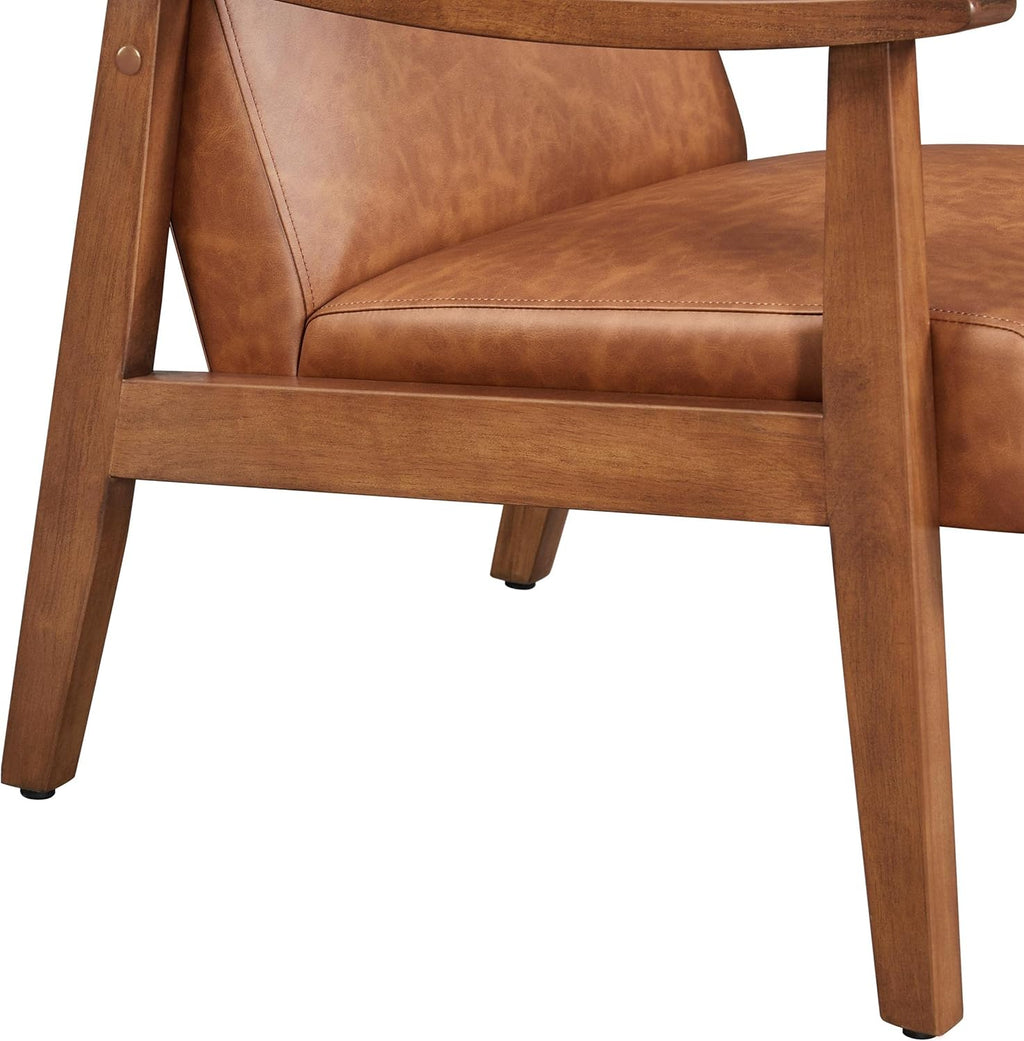 Yaheetech PU Leather Accent Chair, Mid-Century Modern Armchair with Solid Wood Legs, Reading Leisure Chair for Living Room Bedroom Waiting Room, Light Brown, Set of 2