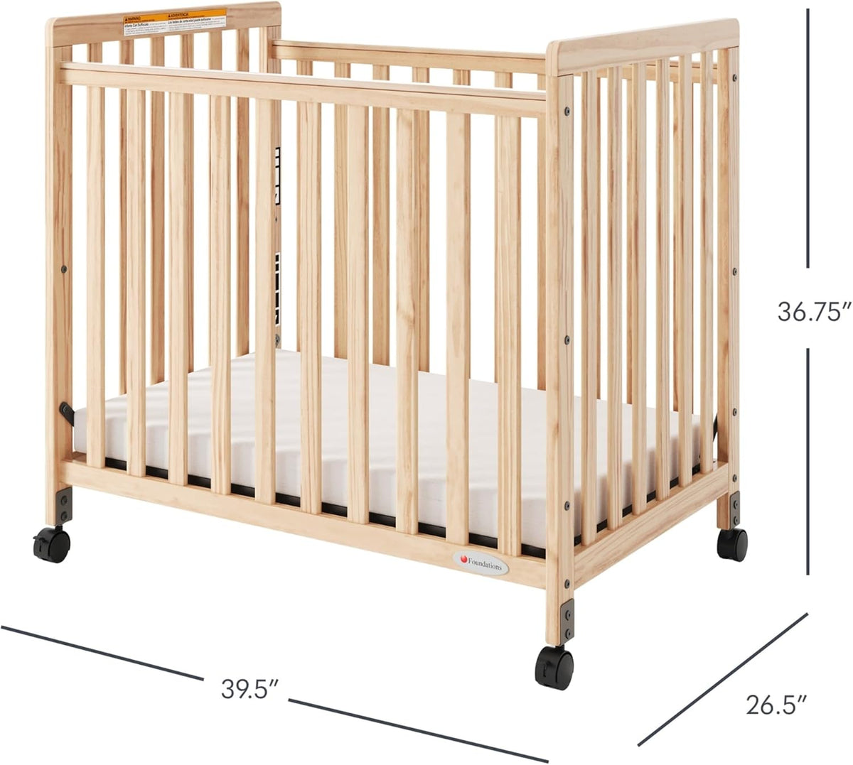 Foundations SafetyCraft Compact Slatted Daycare Crib, Durable Wood Construction, Non-Marking Casters (2 Locking), Includes 3” InfaPure Foam Mattress, Natural