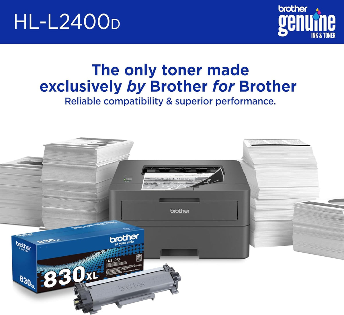 Brother Monochrome Laser Printer with 32 PPM Speed and Automatic 2-Sided Printing for Home Office, Fast Black and White Output, Compact Design with 250-Sheet Capacity (HL-L2400D)