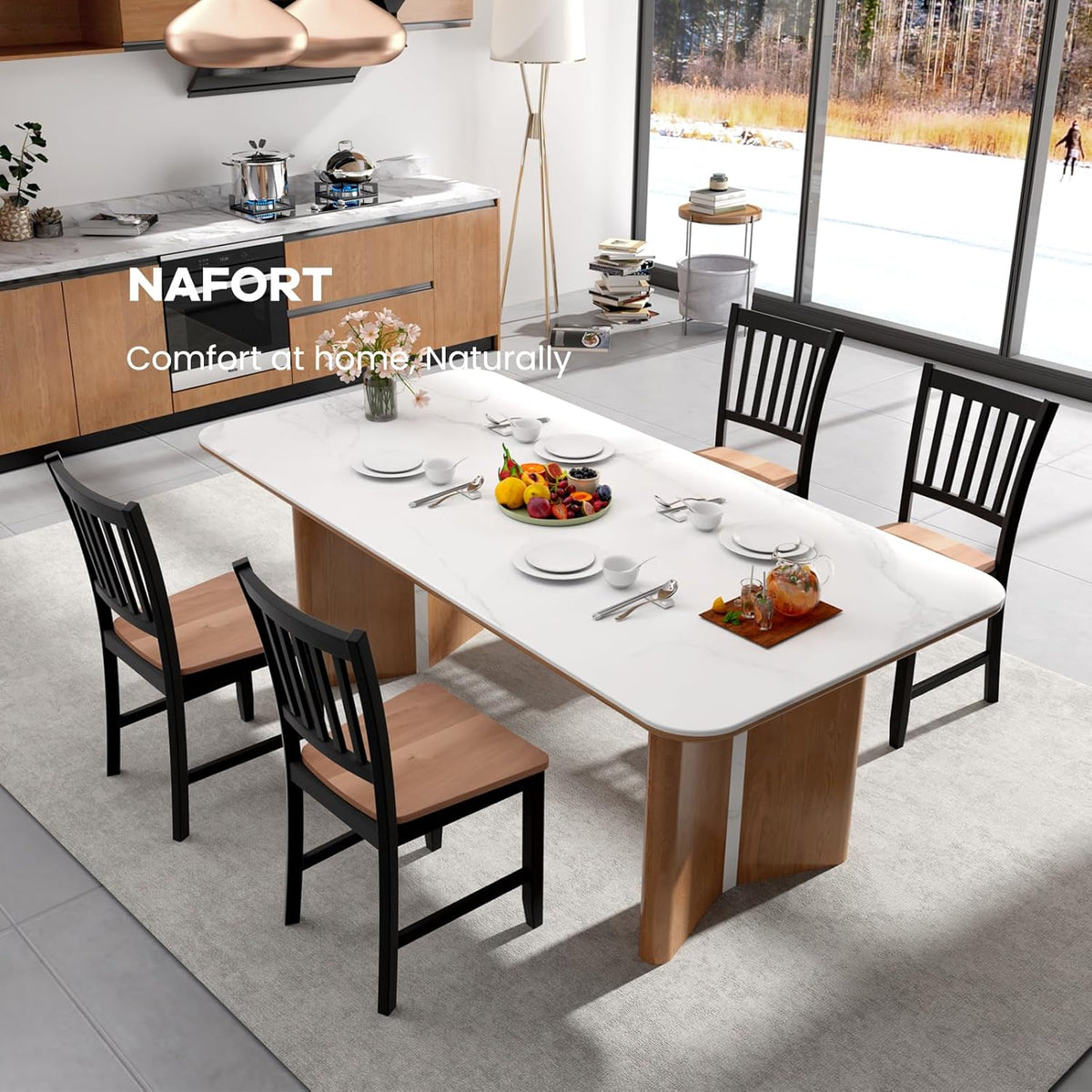 NAFORT Wood Dining Chairs Set of 4, High Back Kitchen Chairs with Solid Rubber Wood Legs, Non-Slip Foot Pads, Max Load 300 Lbs, Farmhouse Seat Dining Room Chairs