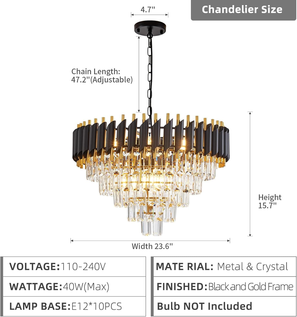 10-Light Large Crystal Chandelier 24" Dining Room Light Fixtures 5 Tiers Flush Mount Black and Gold Chandelier Round Large Chandeliers for Dining Room Living Room Kitchen Entryway Foyer
