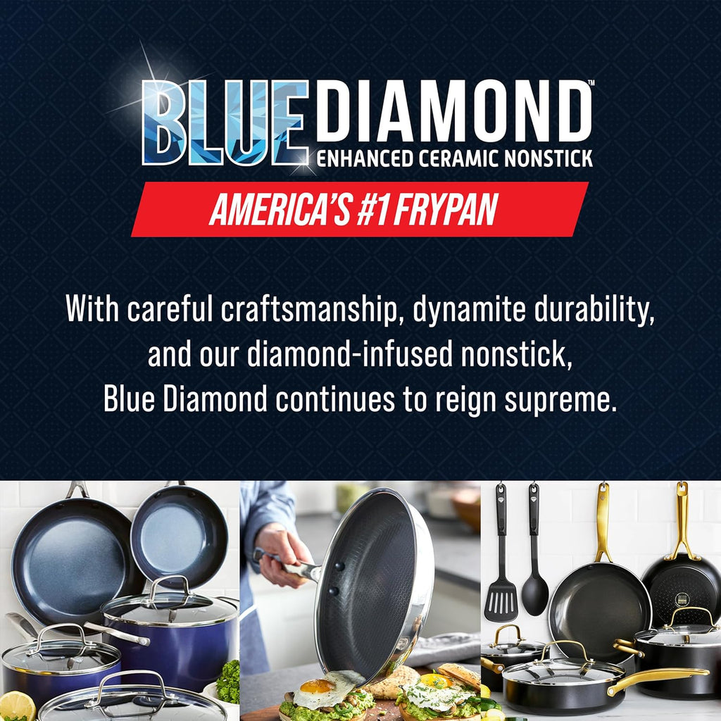 Blue Diamond Hybrid Nonstick Stainless Steel 12 Piece Cookware Set, Tri-Ply PFAS-Free Ceramic Diamond Bond Pots & Pans, Dishwasher & Oven Safe to 850F, Induction Ready, Metal Utensil Safe, Silver