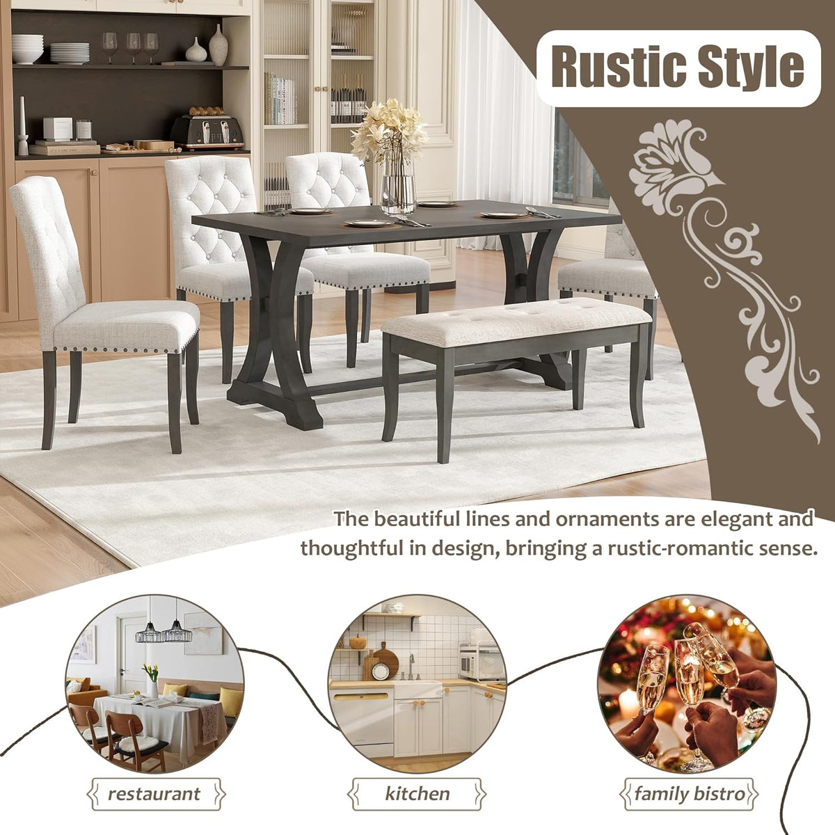 Harper & Bright Designs Classic and Traditional Style 6 - Piece Dining Set, Includes Dining Table, 4 Upholstered Chairs & Bench(Antique Gray1)