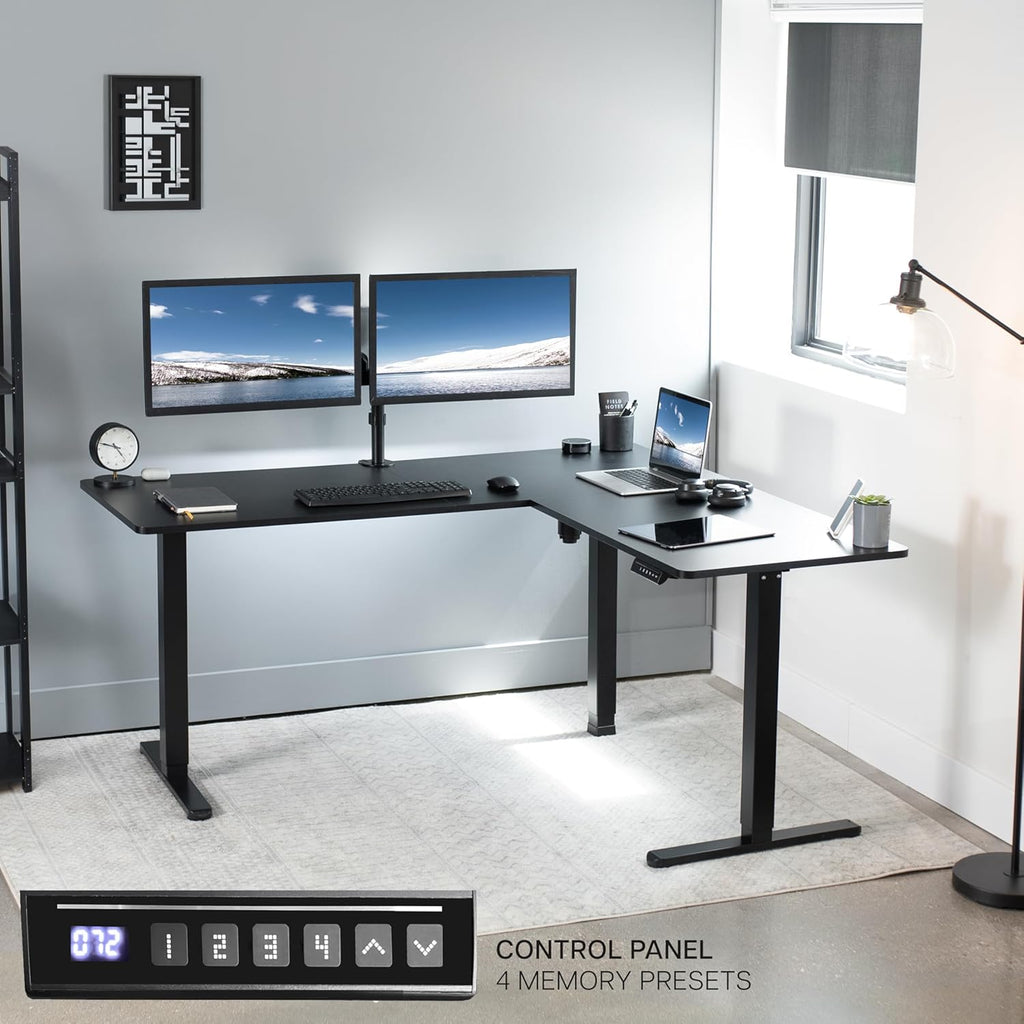 VIVO Corner Standing Desk, 63 x 55 inch Reversible L-Shaped Workstation, Electric Height Adjustment, Home, Office, and Reception Rooms, Black Table Top Black Frame, DESK-E3CTB