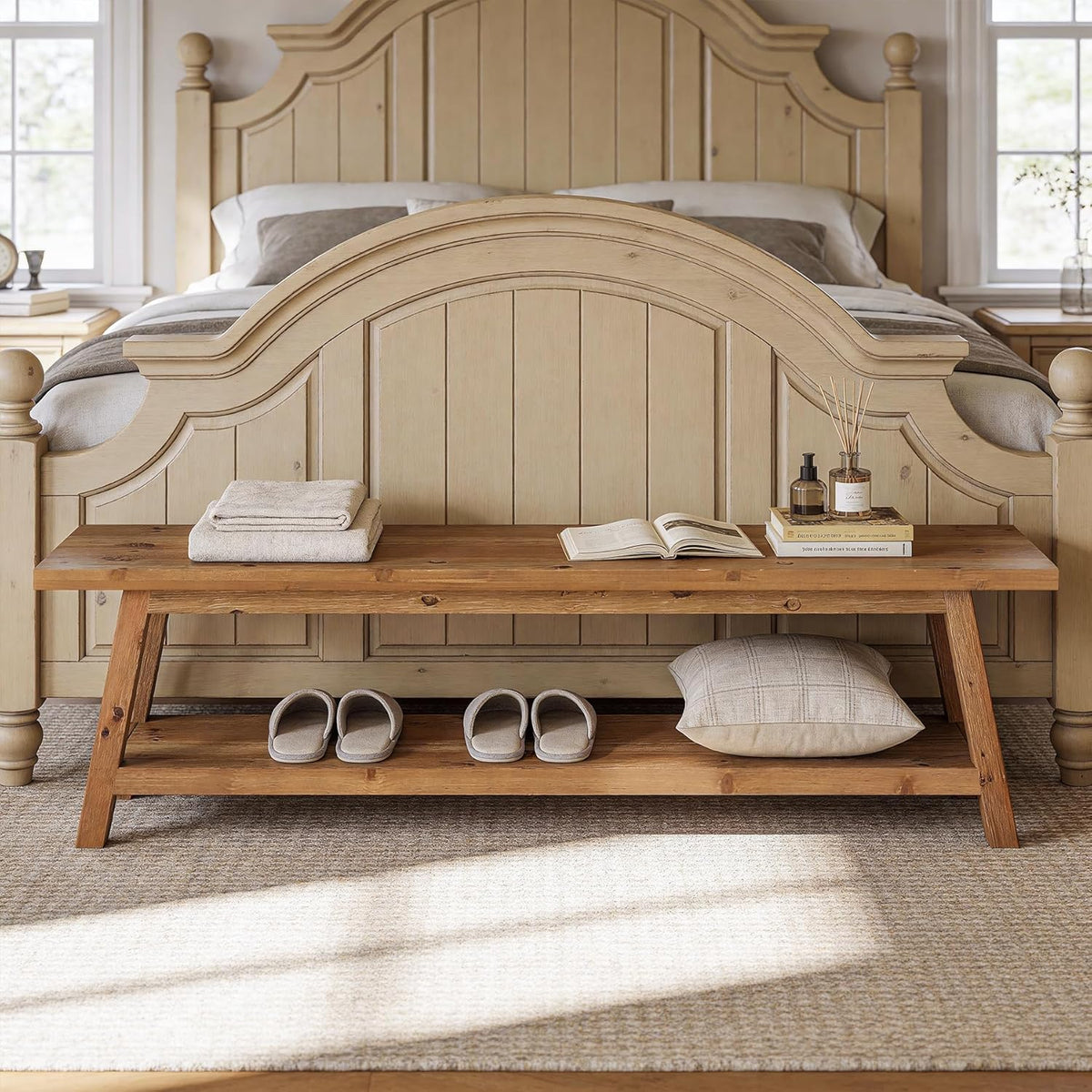 63” Wood Dining Room Bench, Farmhouse Kitchen Bench with Storage Shelf, Solid Wood Rusit Backless Bench for Dining Table, Extra Long Seating for Kitchen Room