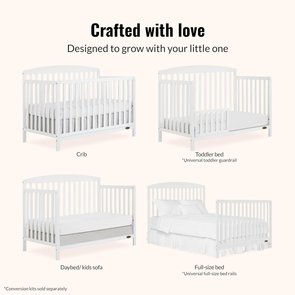 Dream On Me Odelle 5-in-1 Convertible Full-Size Baby Crib in White, GreenGuard Gold & JPMA Converts to Toddler, Day & Full-Size Bed, Sustainable Pinewood, 3 Mattress Heights