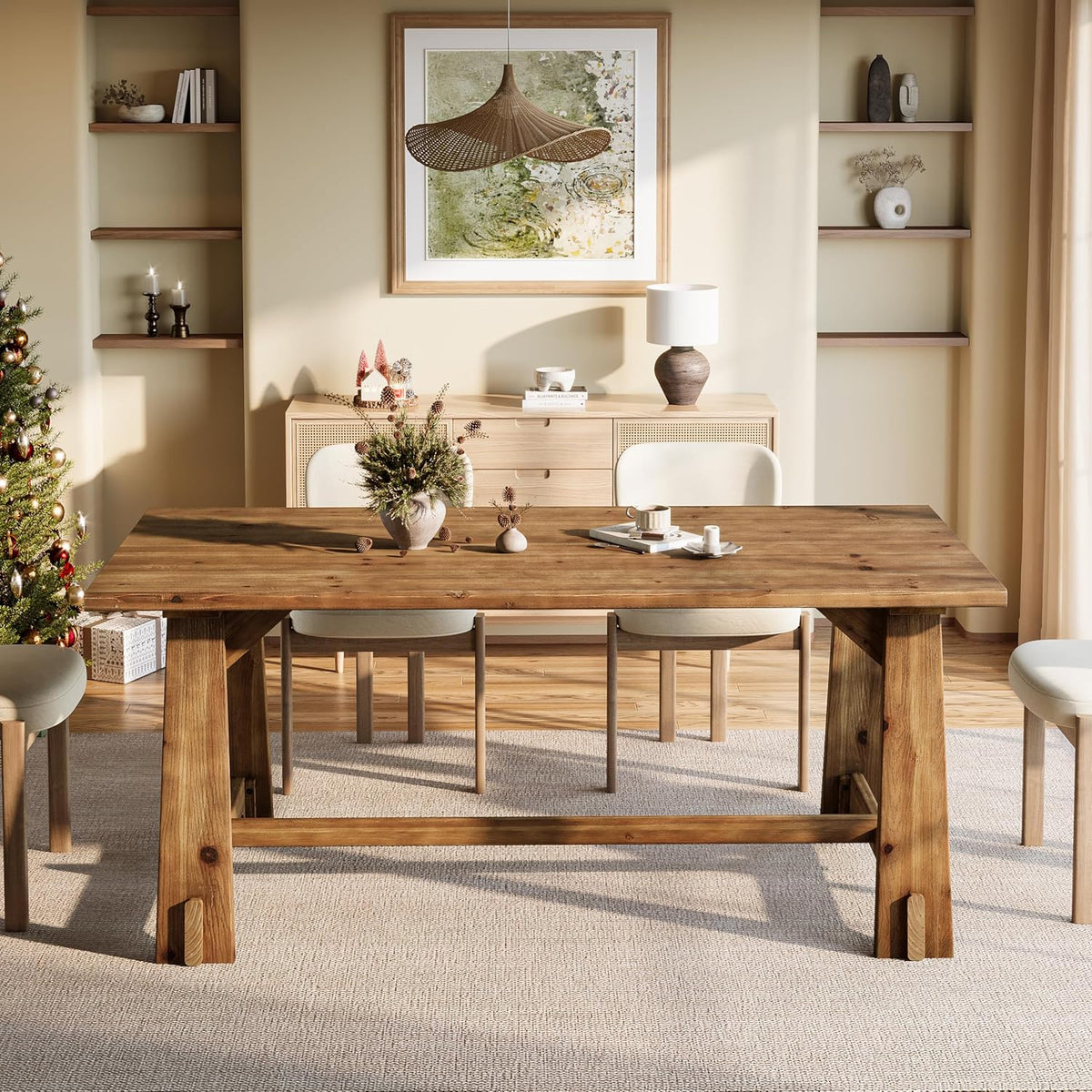LITTLE TREE Solid Wood Dining Table for 6, 63-Inch Rustic Dining Room Tables, Wood Rectangular Kitchen Dinner Table for 4, Farmhouse Brown