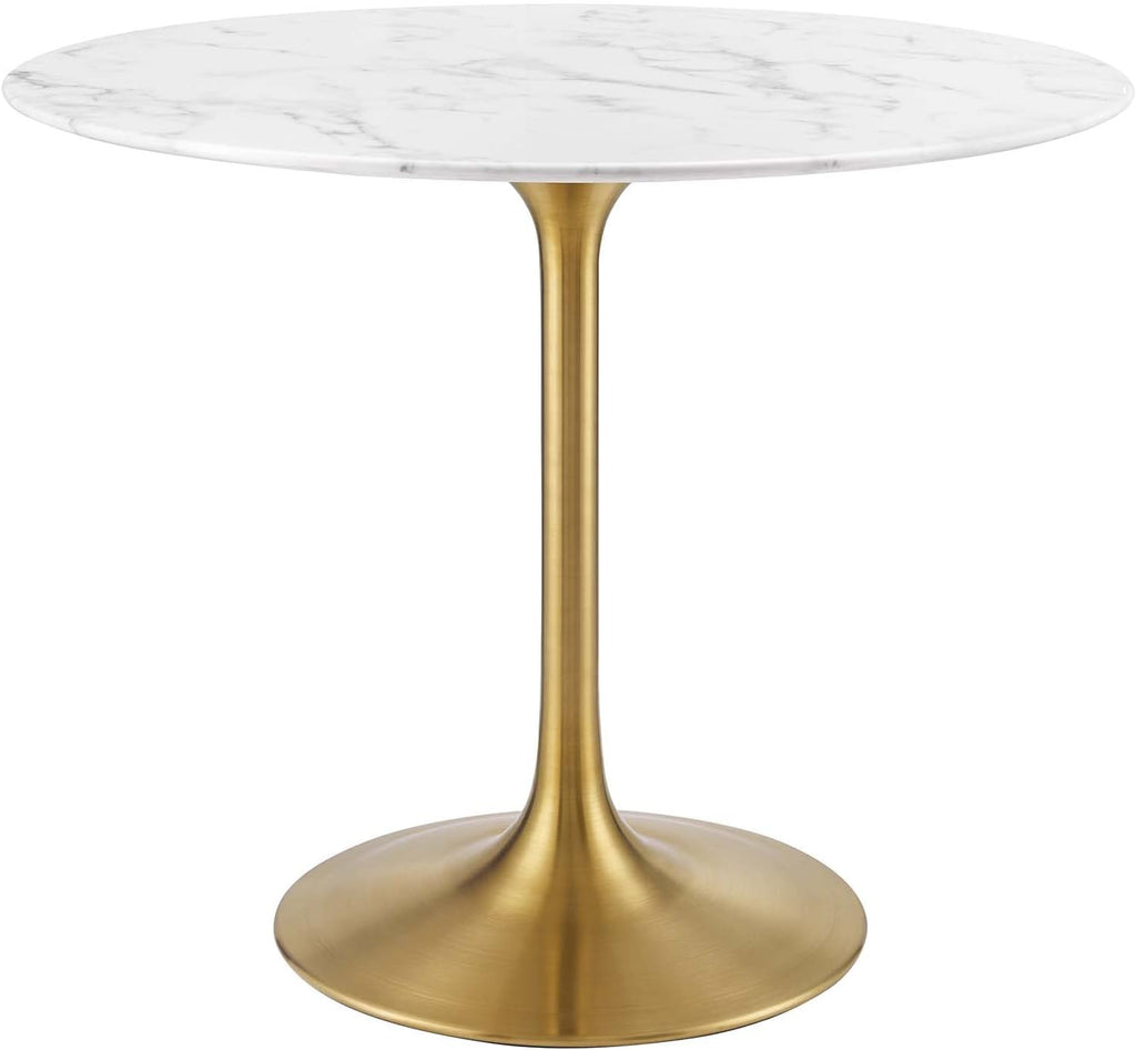 Modway Lippa 36" Mid-Century Dining Table with Round Artificial Marble Top in Gold White