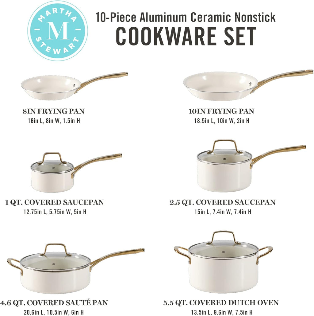 Martha Stewart Lockton Premium Non stick Non Toxic PFA Free Ceramic Interior 10 Piece Heavy Gauge Enamel Aluminum Pots and Pans Cookware Set - Linen White w/Gold Handle