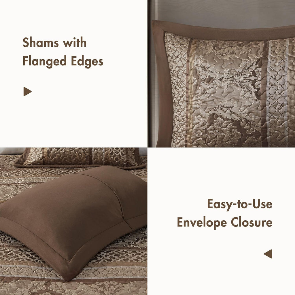 Madison Park Bellagio Reversible Quilted Bedspread Set, Solid Reverse Summer Breathable, Lightweight All Season Bedding Layer, Matching Shams, Bedspread King(120"x118"), Brown 5 Piece