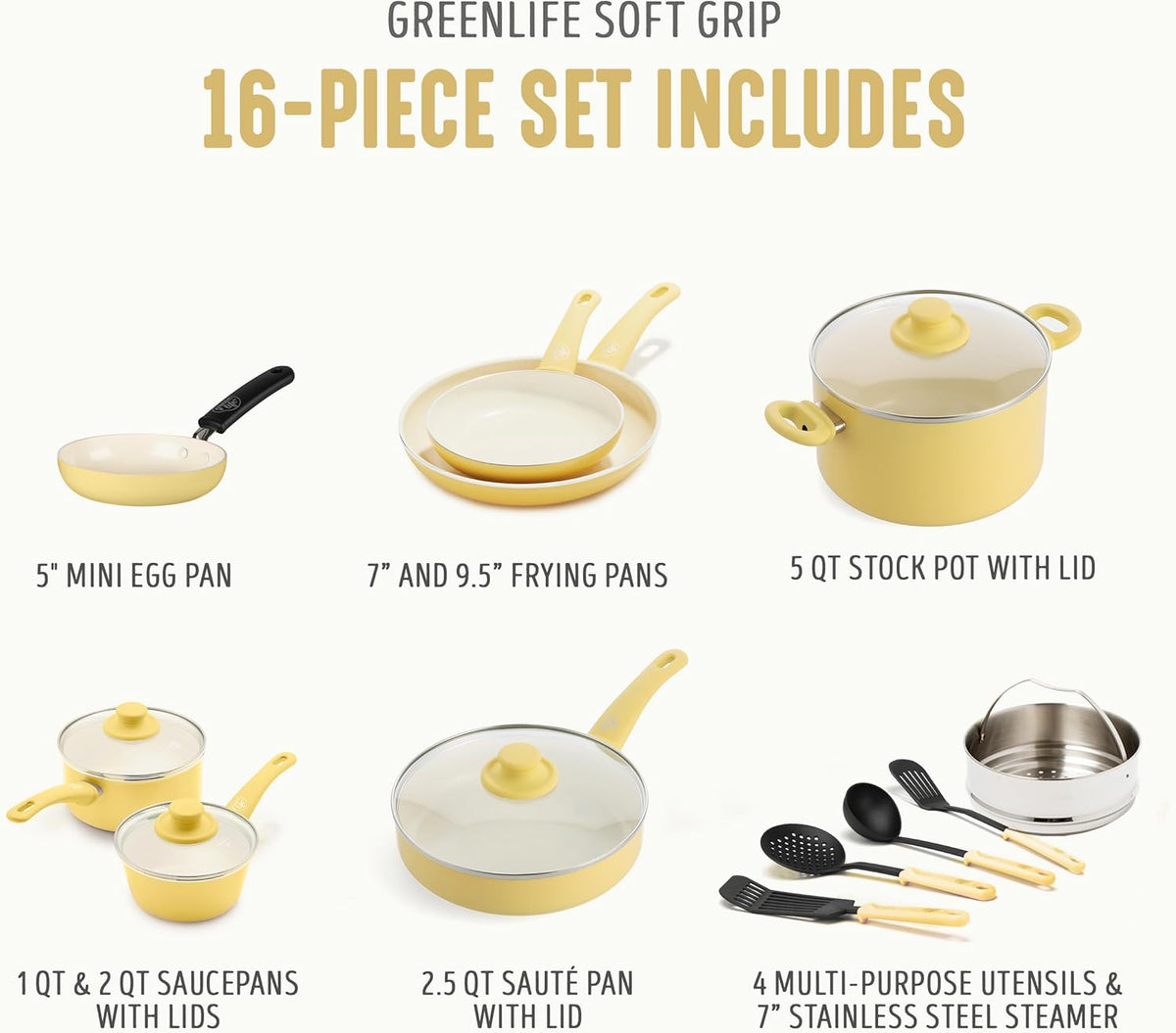 GreenLife 16 Piece Nonstick Cookware Set, Soft Grip Non-Toxic PFAS-Free Ceramic Pots & Pans, Dishwasher & Oven Safe, Frying, Sauce, Saute, Utensils, Glass Lids, Stay-Cool Handles, Wobble Free, Yellow