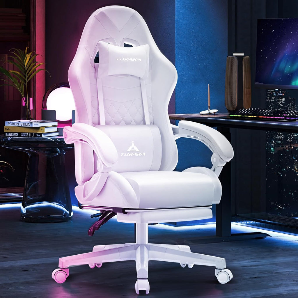 White Gaming Chair,Ergonomic Massage Computer Office Desk Chair with Footrest,Pocket Spring Cushion,Reclining Leather Adjustable Gamer Chair with Headrest and Lumbar Support,White