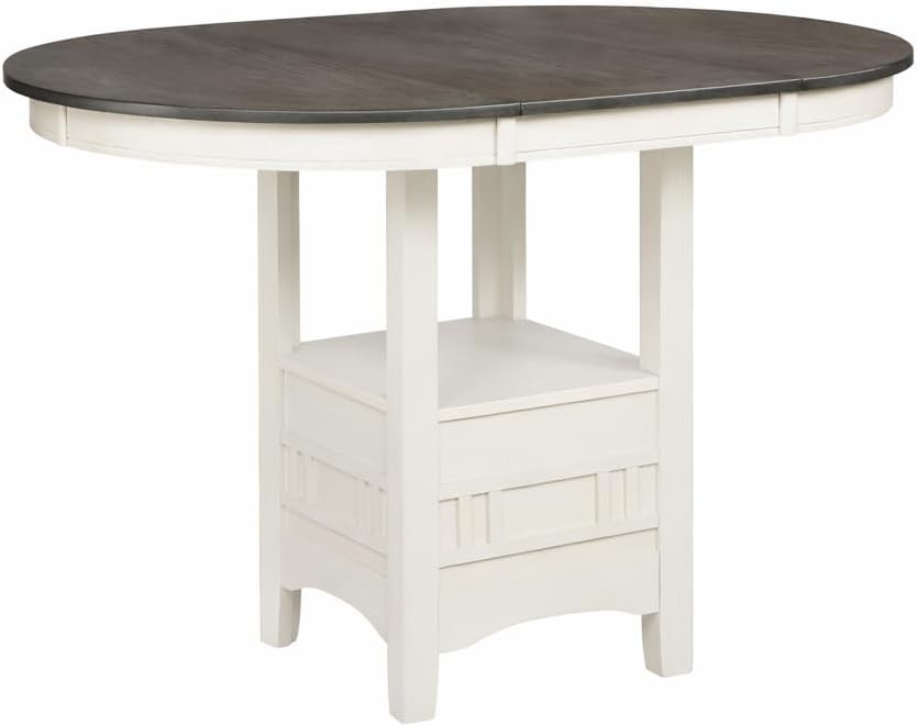 CARTESIAN 5 Piece Counter Height Dining Set, Oval Extendable Table with Storage Shelf, 4 Upholstered Chairs, Weathered White and Gray, Grid-Back Design