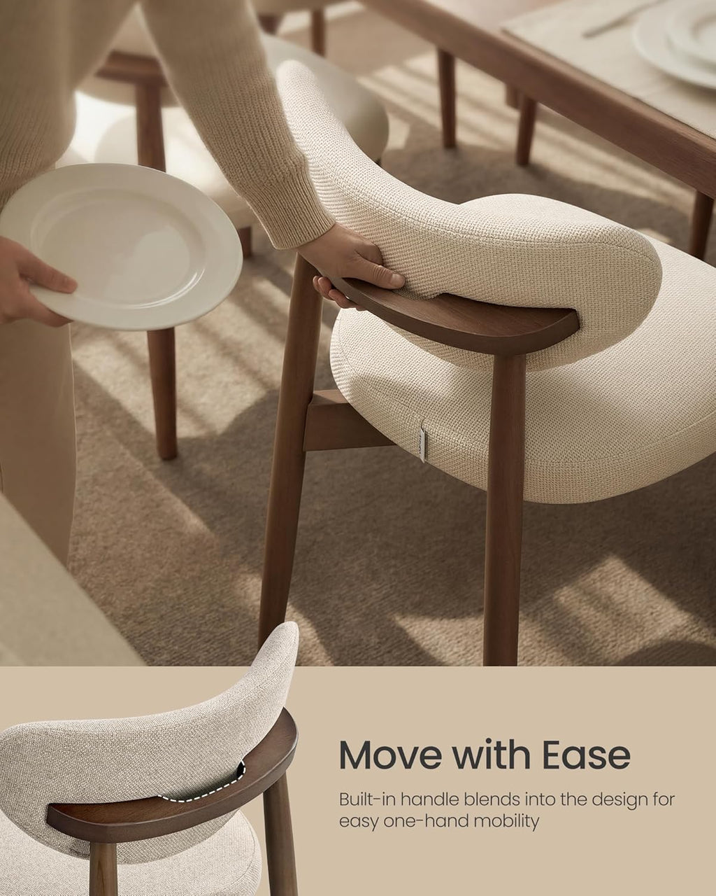 VASAGLE Wooden Dining Chairs Set of 2, Upholstered Kitchen Chairs with Solid Wood Legs, Ergonomic Curved Backrest, Built-in Handle, Mid Century Modern, for Kitchen Dining Vanity, Cappuccino Beige