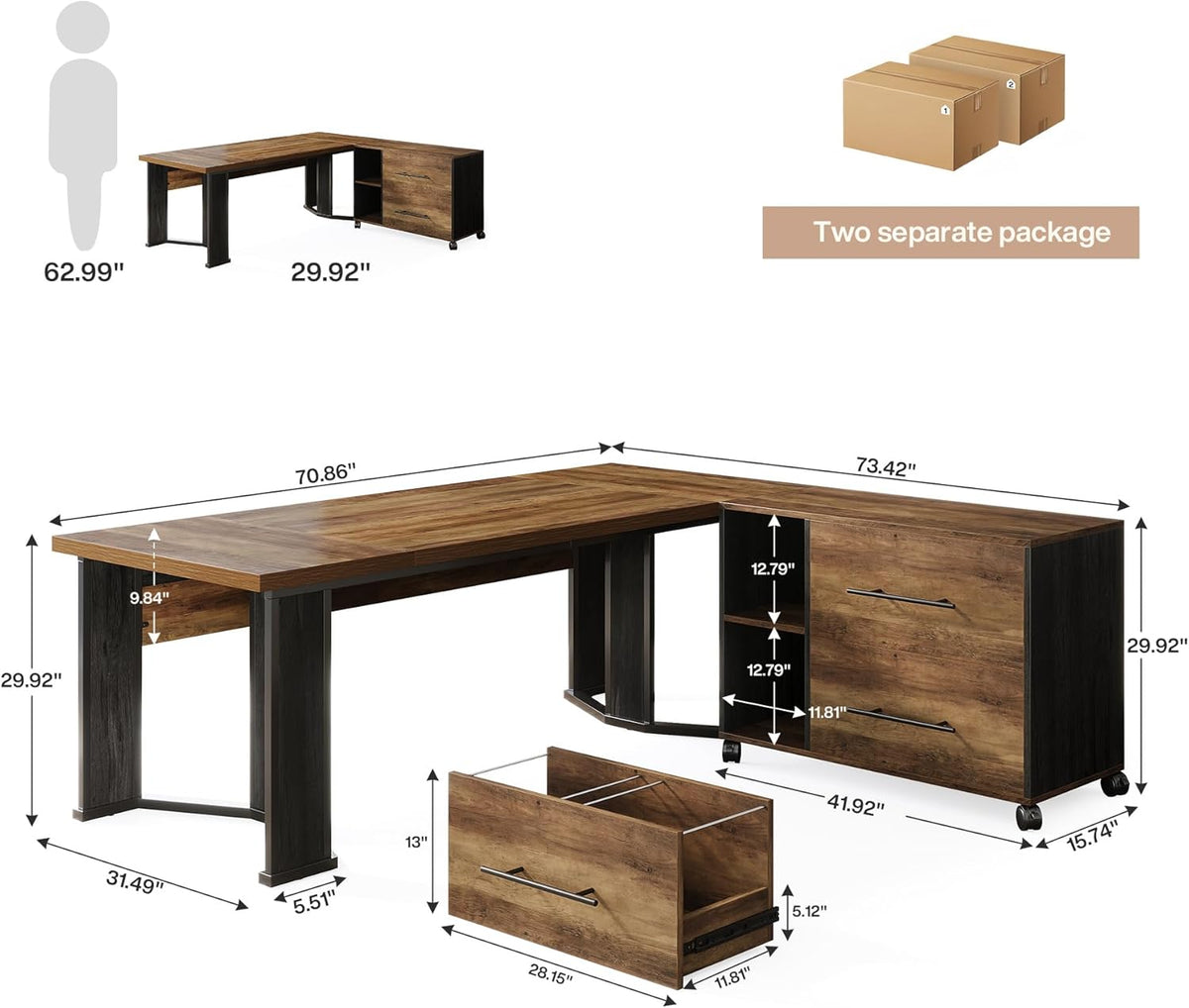 Tribesigns 70.86" Executive Desk with Mobile File Cabinet, Large L Shaped Computer Office Desk with 2 Drawers and Storage Shelves, Business Furniture Desk Workstation for Home Office (Rustic Brown)