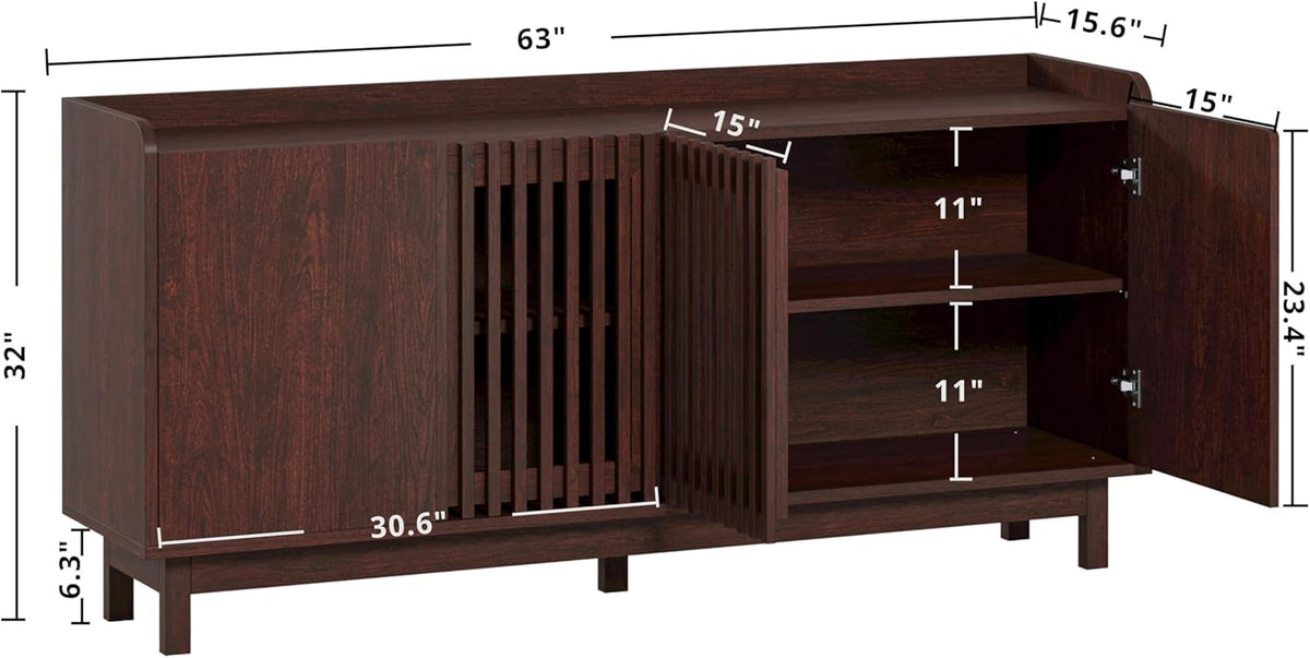 IRONCK 63" Storage Cabinet, Buffet Cabinet with Grille Doors and 2 Adjustable Shelves, Mid Century Sideboard for Kitchen, Dining Room, Entryway（Natural Red Walnut）