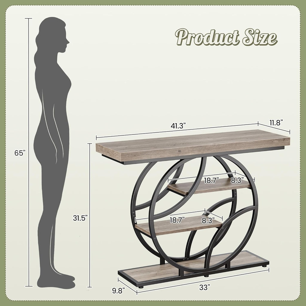 Huuger 41.3 Inch Entryway Table, Modern Console Sofa Table, Accent Table with Shelves, for Entry, Hallway, Entrance, Foyer, O-Shaped Metal Frame, Grey