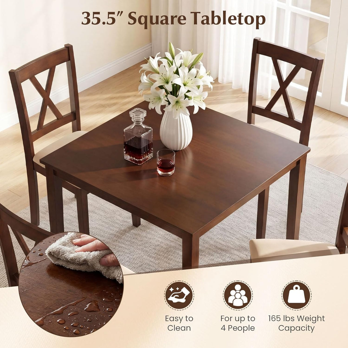 Giantex Dining Table Set for 4, Square Kitchen Table Set w/Rubber Wood Frame, 4 Upholstered Chairs w/X-Shaped Backrest, Space-Saving Dinette Set for Small Space, Dining Room, Breakfast Nook