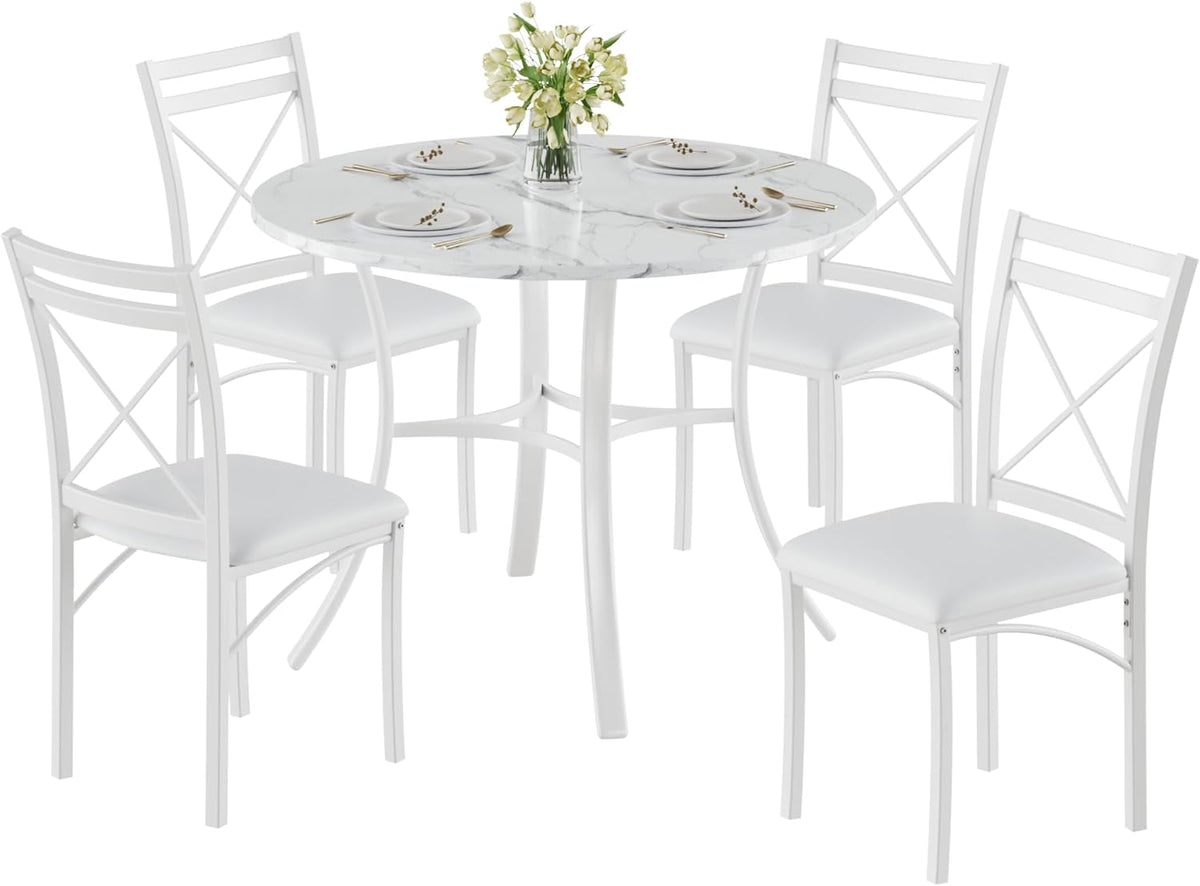 VECELO 5 Piece Dining Table Set for 4 with Chairs, Faux Marble Tabletop, Small Space, Kitchen, Breakfast Nook, White