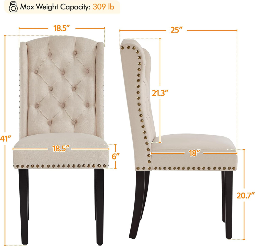 Yaheetech Upholstered Dining Chairs Set of 4 Button Tufted Kitchen Chairs with Solid Wood Legs and Nailhead Trims for Dining Room, Living Room, Restaurant, Beige