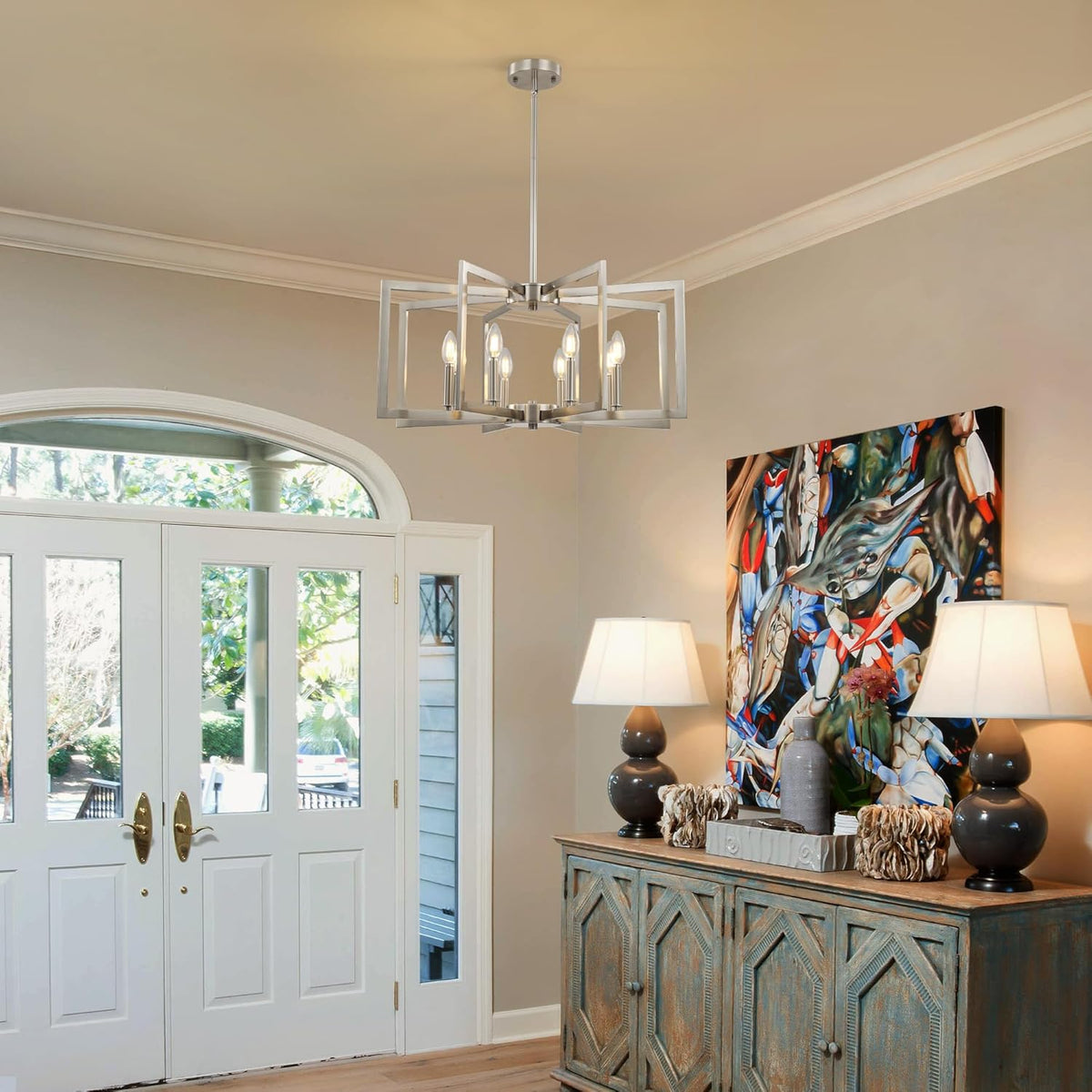 Sigaitwei 8-Light Large Brushed Nickel Chandeliers for Dining Room .Modern Industrial Pendant Lights Kitchen Island .Farmhouse Entryway Light Fixtures .Metal Geometric Chandelier for Living Room