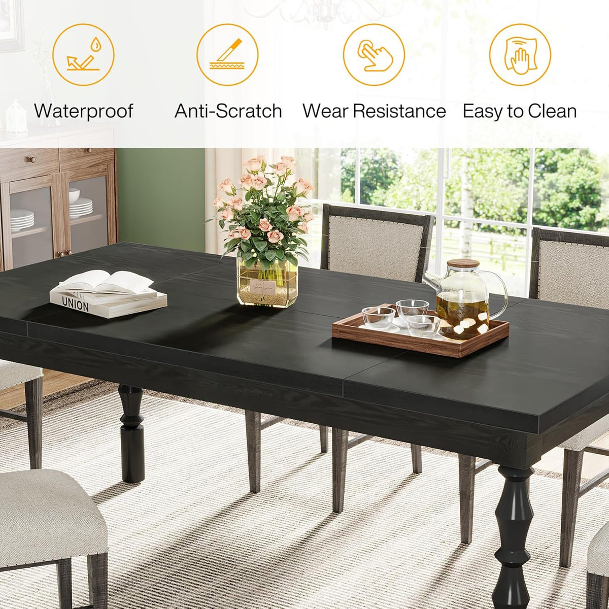 Tribesigns Wood Black Dining Table for 4-6 People, 62” Farmhouse Large Rectangle Kitchen Table, Modern Dinner Table Kitchen & Dining Room Furniture with Carved Turned Legs