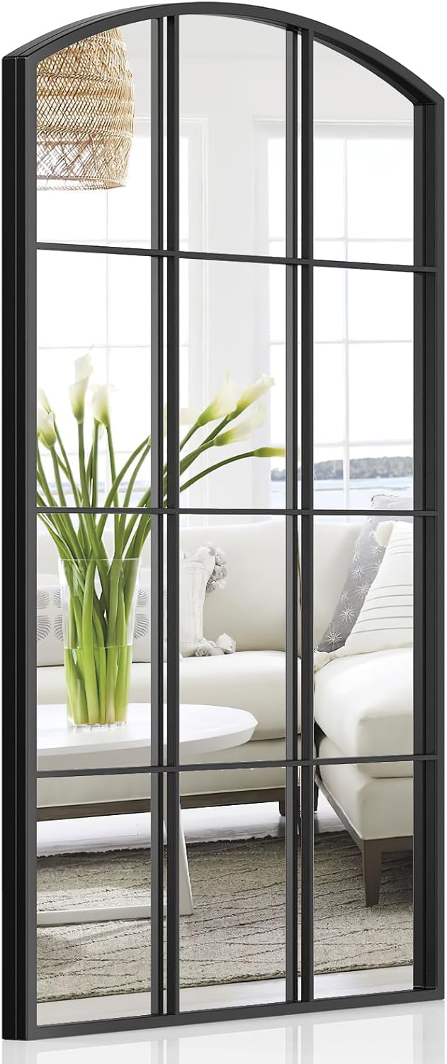 Arched Window Mirror, 24" x 48" Black Window Mirrors for Wall, Tall Farmhouse Grid Mirror for Living Room Bedroom Dining Room Fireplace Hallway Mantle Entryway