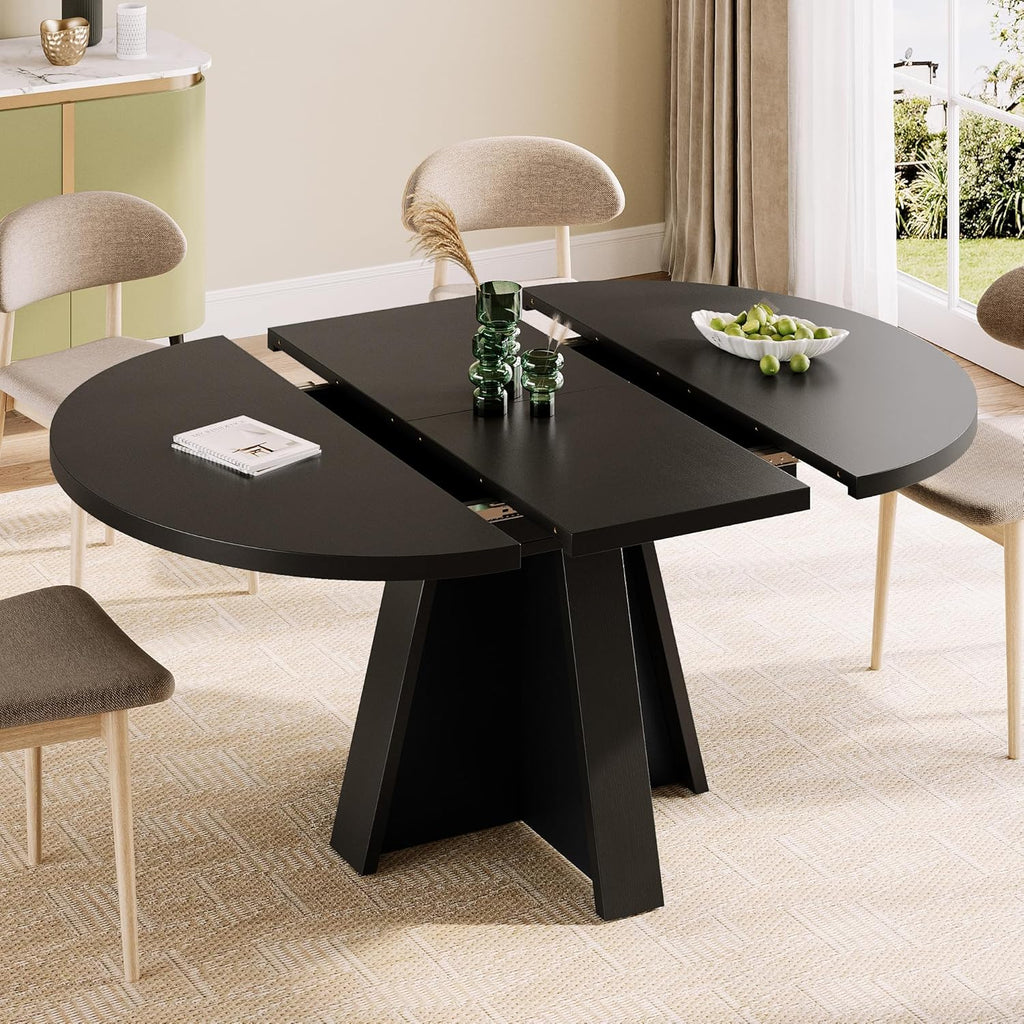 iPormis 43.3in-59in Extendable Round Dining Table for 4-6, Modern Wooden Kitchen Table for Dining Room, Adjustable Size Oval Circle Dinner Tables Furniture for Kitchen Living Room, Black
