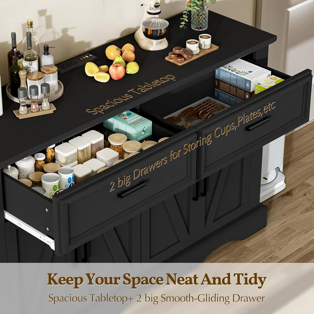 56" Large Wooden Buffet Cabinet with Storage, Modern Coffee Bar and Wine Bar, Wave Base Design, Multi-Purpose Buffet Table with Charging Station for Dining Room, Kitchen or Living Room, Black