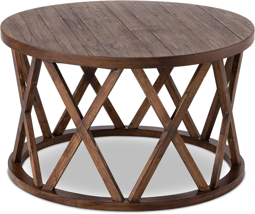 COZAYH Rustic Farmhouse Coffee Table, Round Coffee Table with X-Motifs Legs, Wood Textured Top, for Boho, French Country Decor, Brown