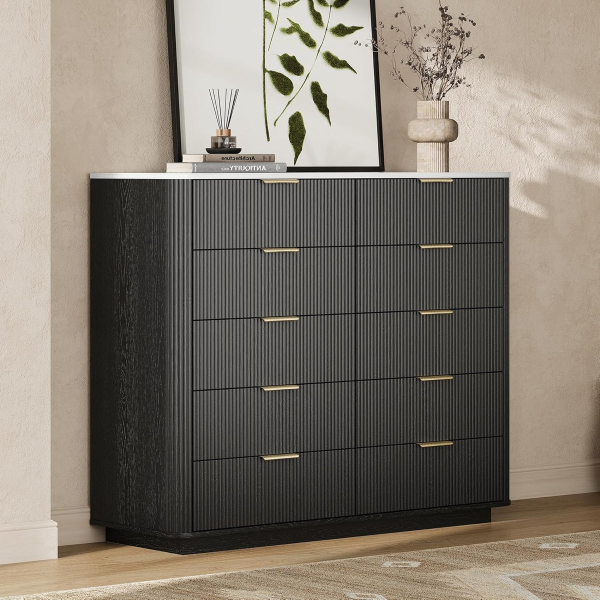 Fluted 10 Drawers Dresser for Bedroom, 47'' Wide Modern Chest of Drawers with Thickened Curved Profile Design, Wood Dressers TV Stand for Bedroom, Living Room, Hallway,Black