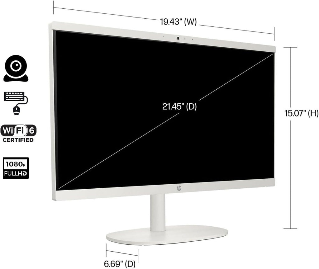 HP 2022 All-in-One Desktop, 21.5" FHD Display, Intel Celeron J4025 Processor, 8GB RAM, 256GB PCIe SSD, Webcam, WiFi, HDMI, RJ-45, Wired Keyboard&Mouse, Windows 11 Home, White