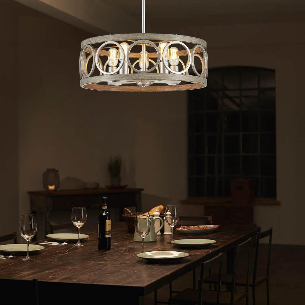 Dining Room Chandelier Over Table 22" Drum Modern Farmhouse Pendant Light Fixture for Living Room Kitchen Island Bedroom, Metal Rustic Round Brushed Nickel Wood Grain Finish Hanging 5-Light