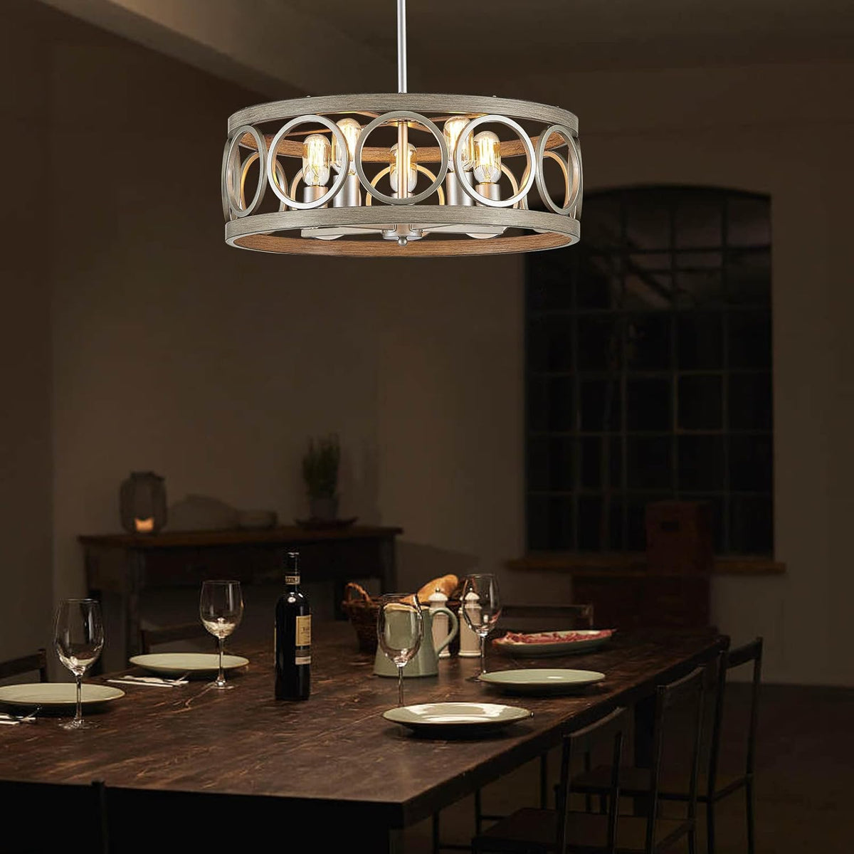 Dining Room Chandelier Over Table 22" Drum Modern Farmhouse Pendant Light Fixture for Living Room Kitchen Island Bedroom, Metal Rustic Round Brushed Nickel Wood Grain Finish Hanging 5-Light