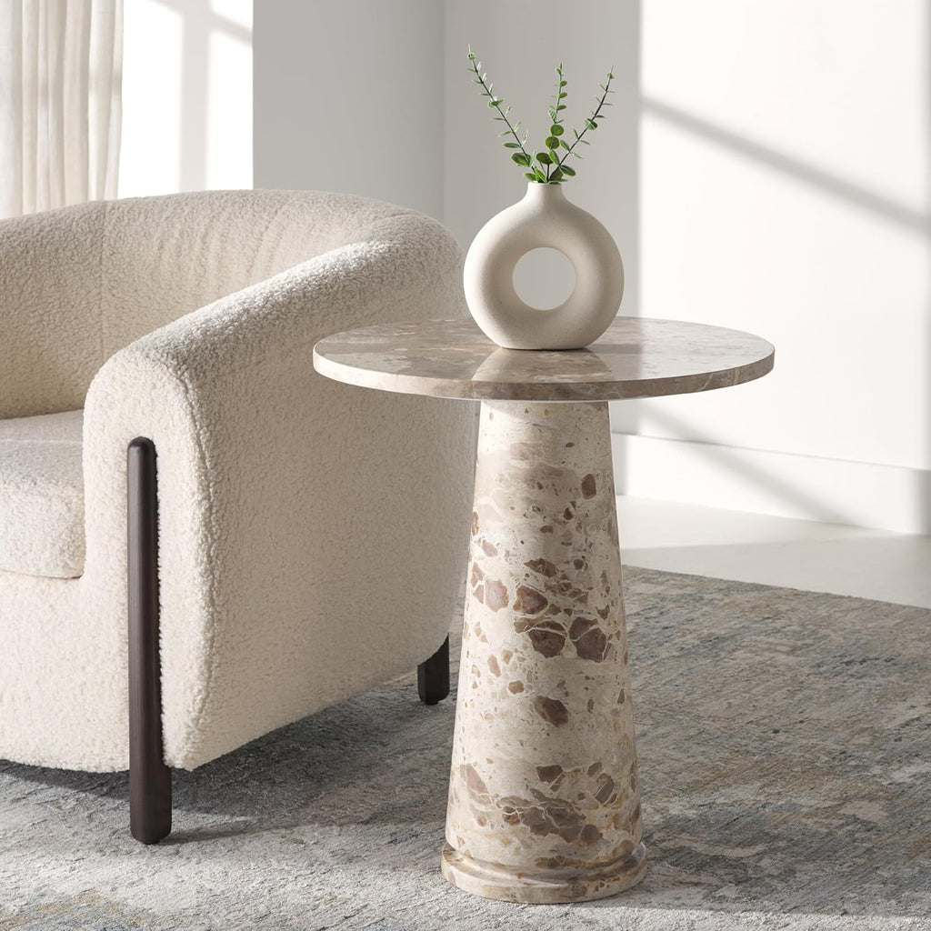 SAFAVIEH Furniture - Valentia Tall Marble Accent Table - Beige - Marble Top - Glam Stone Pedestal Design - Ideal for Living Room, Entryway, Dining Room, 20.5" W x 20.5" D x 23.5" H (SFV9703I)
