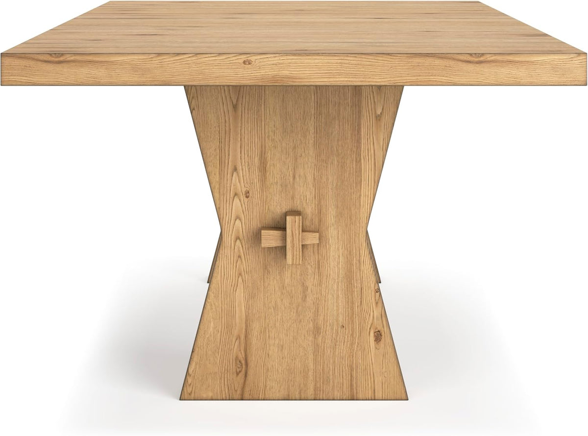 Signature Design by Ashley Galliden Farmhouse Dining Table with Extra-Thick Tabletop and Trestle Base, Light Brown