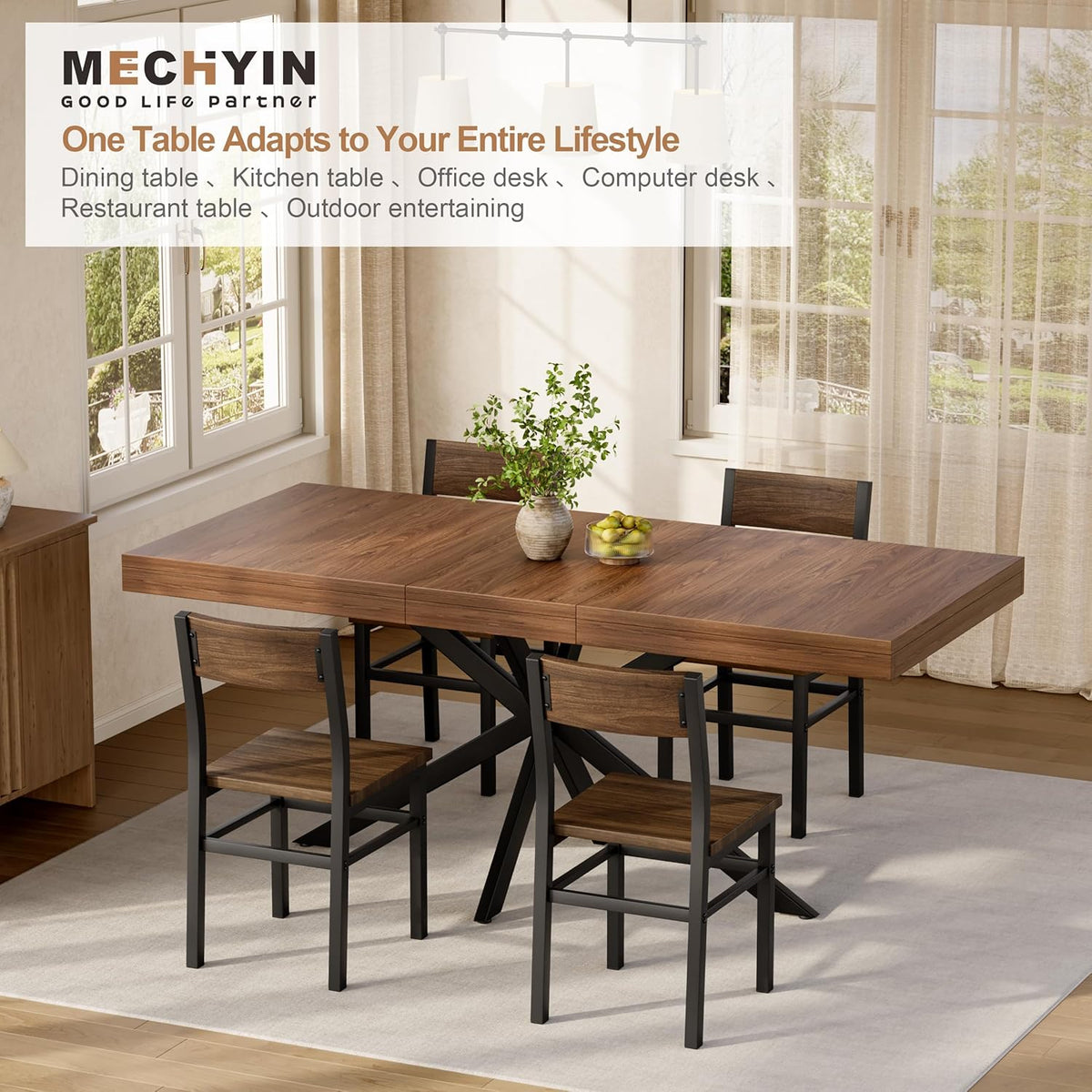 Extendable Dining Room Table for 4 6 8, 55"-70.9" Long Rectangle Kitchen Table,Wood Expandable Dining Table with Hidden Leaf & Storage, Space Saving, For Kitchen Dining Living Room, Farmhouse, Walnut