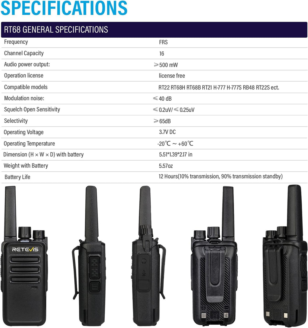 Retevis RT68 Walkie Talkies Rechargeable, Portable Two Way Radios 6 Pack with Six-Way Multi Gang Charger, Heavy Duty Walkie Talkie for Adults, Hands Free, Long Range, for School Restaurant Farm