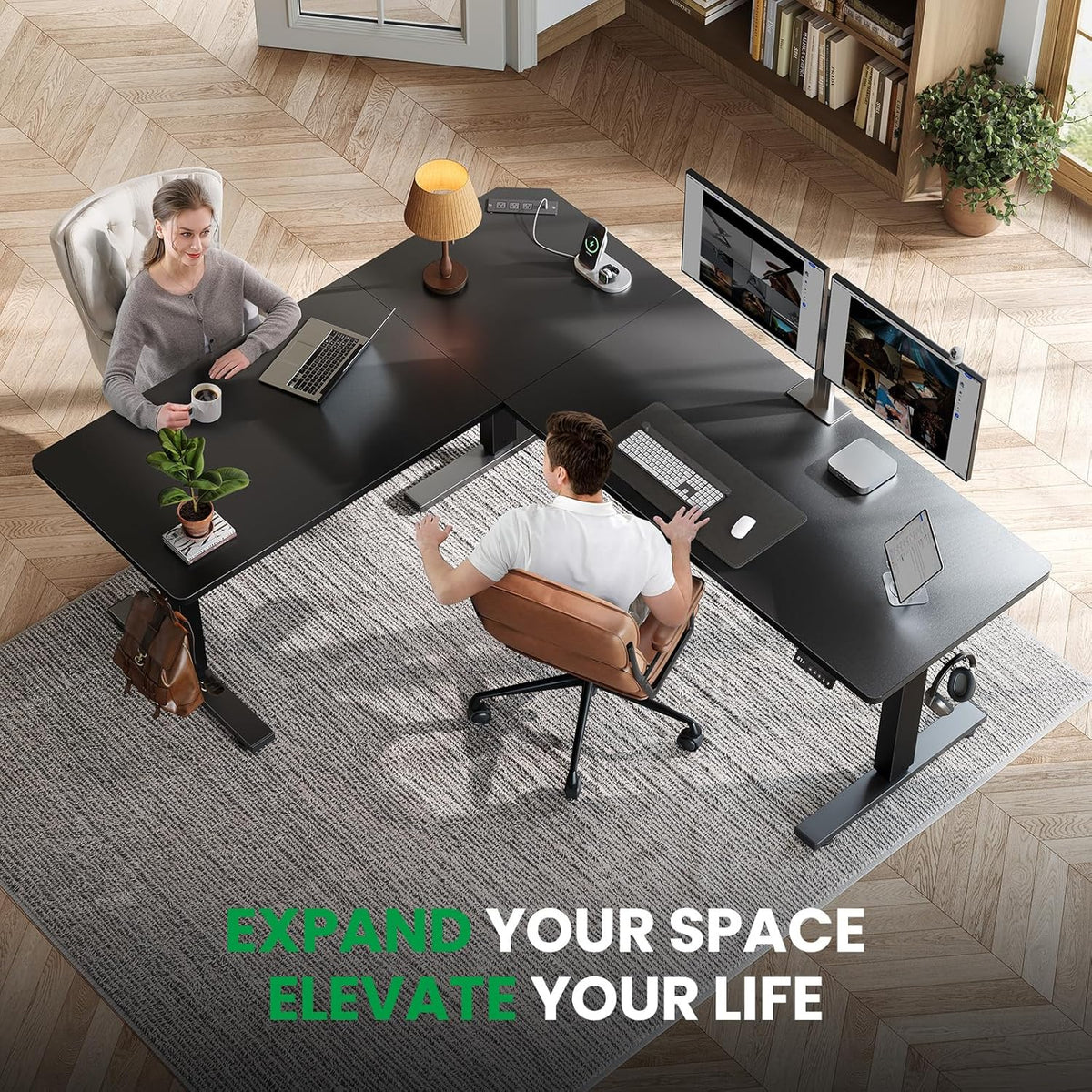 SIAGO L-Shaped Standing Desk - 63 x 55 Inch Adjustable Corner Standing Desk with Charging Station - L Shape Sit Stand Table with Memory Controller, Splice Board for Home Office