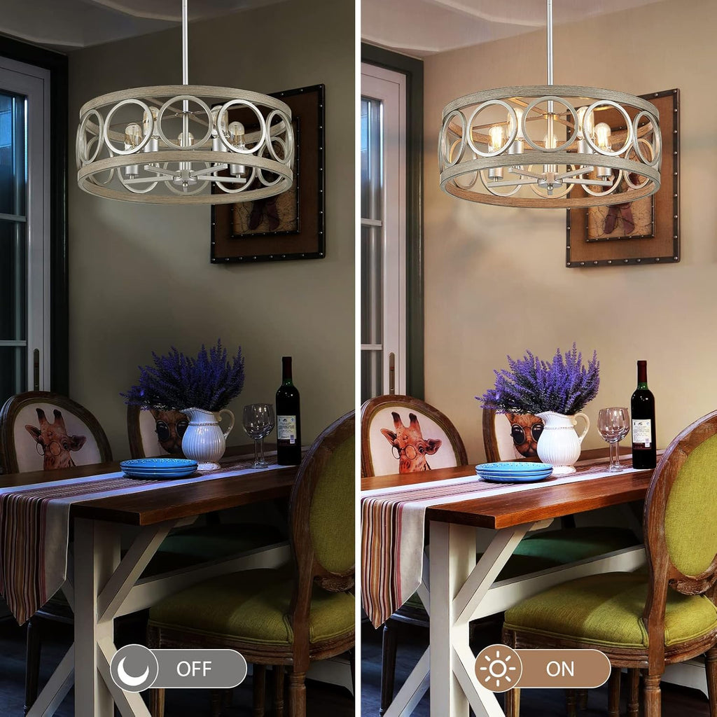 Dining Room Chandelier Over Table 22" Drum Modern Farmhouse Pendant Light Fixture for Living Room Kitchen Island Bedroom, Metal Rustic Round Brushed Nickel Wood Grain Finish Hanging 5-Light